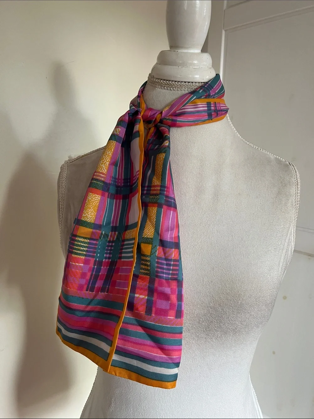 Vintage Colorful Plaid Silk Scarf Twill Orange Yellow Pink Teal Head/Neck Scarf